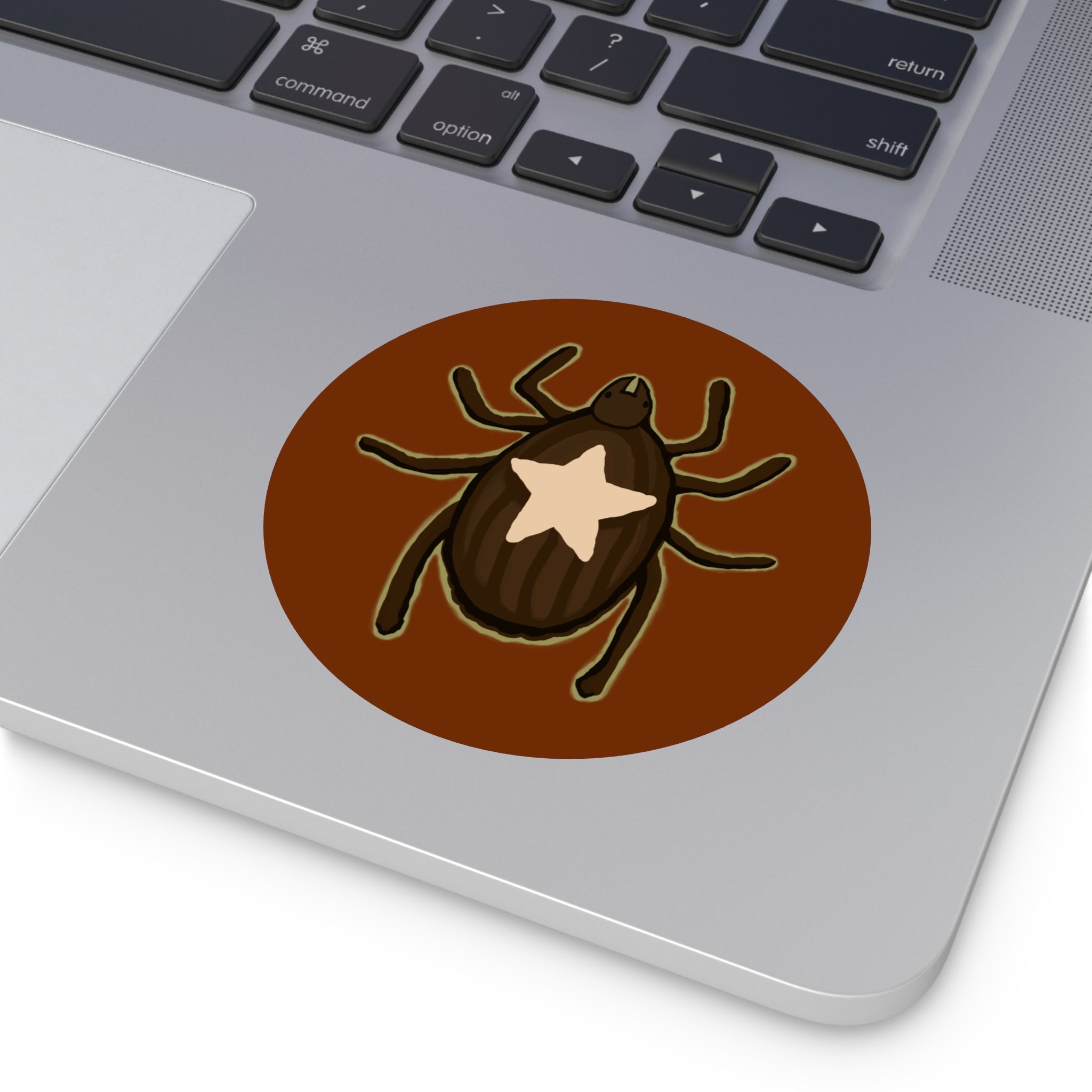 Star Tick Round Vinyl Sticker — Cute Brown Arachnid Decal for Laptops & Journals
