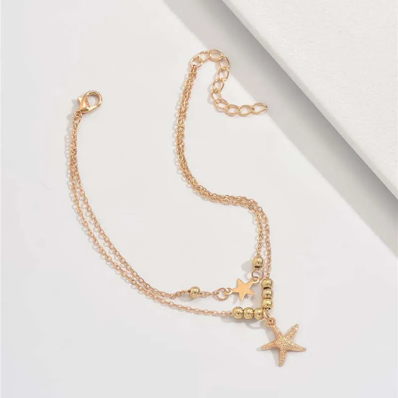 Layered Bohemian Summer Beach Anklet For Women Vintage Gold Color Star Starfish Pendant Bracelet Chain On Leg Jewelry