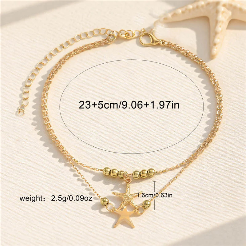 Layered Bohemian Summer Beach Anklet For Women Vintage Gold Color Star Starfish Pendant Bracelet Chain On Leg Jewelry