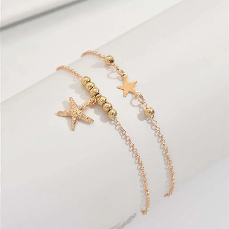 Layered Bohemian Summer Beach Anklet For Women Vintage Gold Color Star Starfish Pendant Bracelet Chain On Leg Jewelry