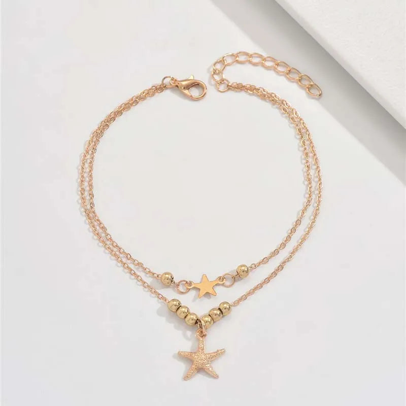 Layered Bohemian Summer Beach Anklet For Women Vintage Gold Color Star Starfish Pendant Bracelet Chain On Leg Jewelry